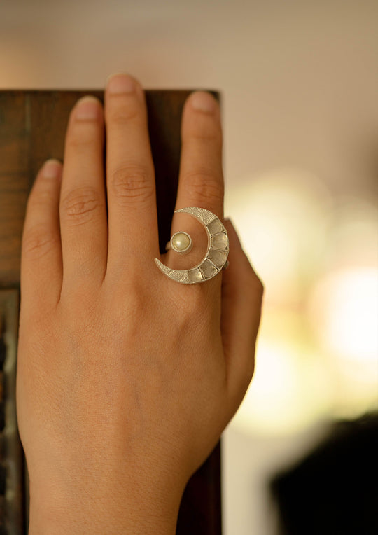 Pearly Crescent Moon Adjustable 'Tukra' Ring