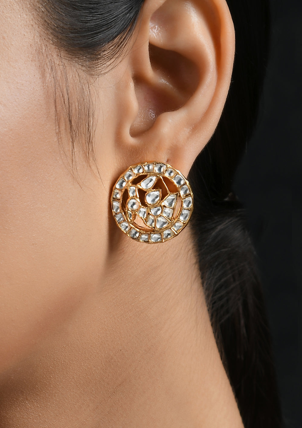 Small Kundan Rooster Studs in Semi Precious Polki