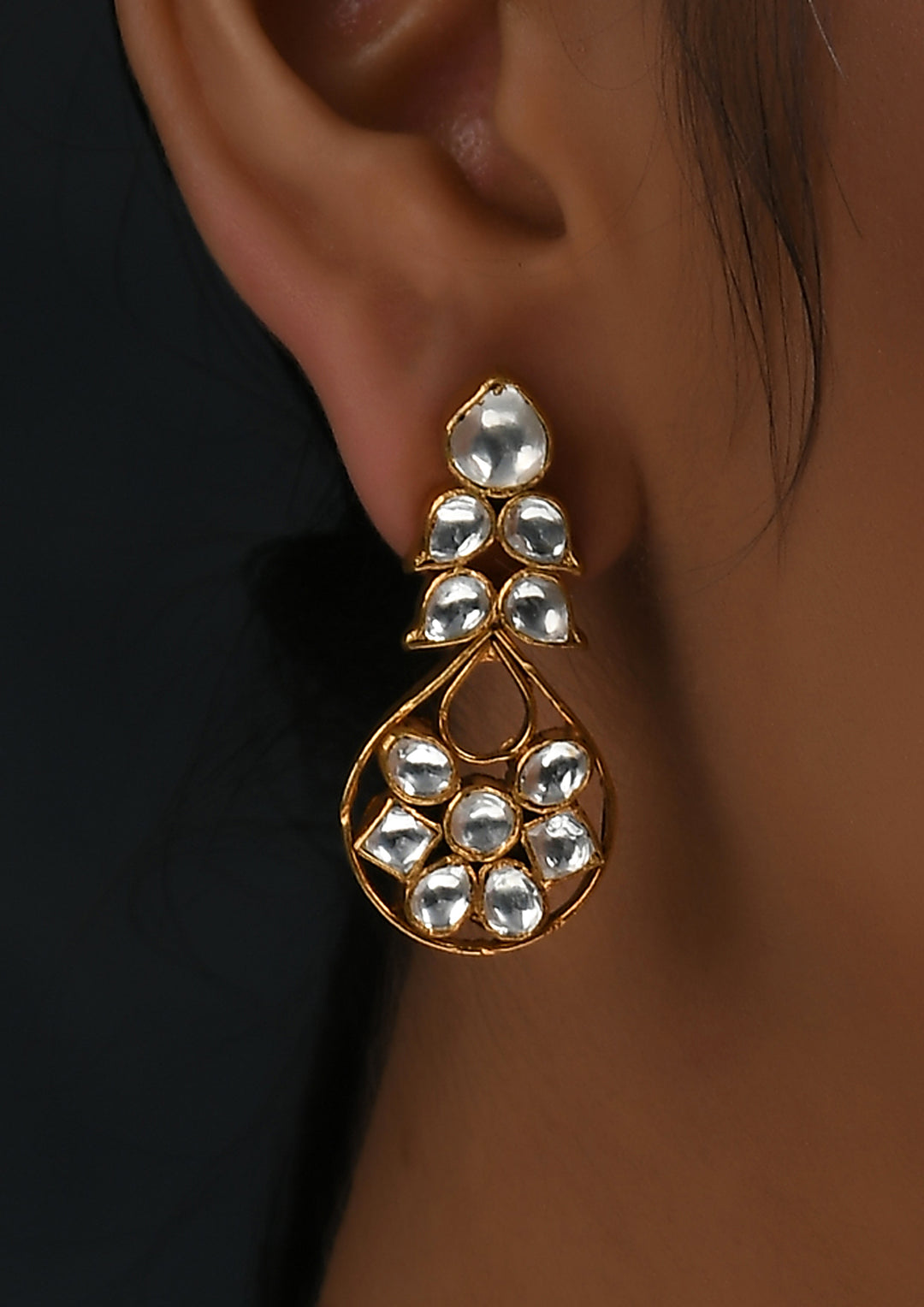 Classic Polki Cockatail Earrings With Gold Plating