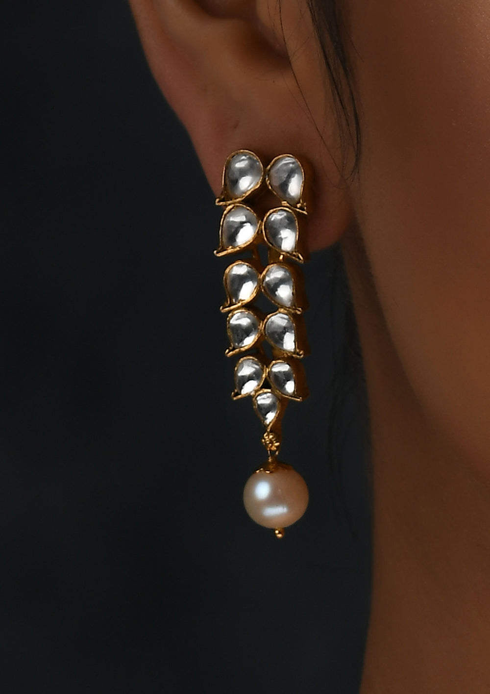 Moonrise' Gold Plated Cocktail Earrings With Pearl Drops And Polki Leaves