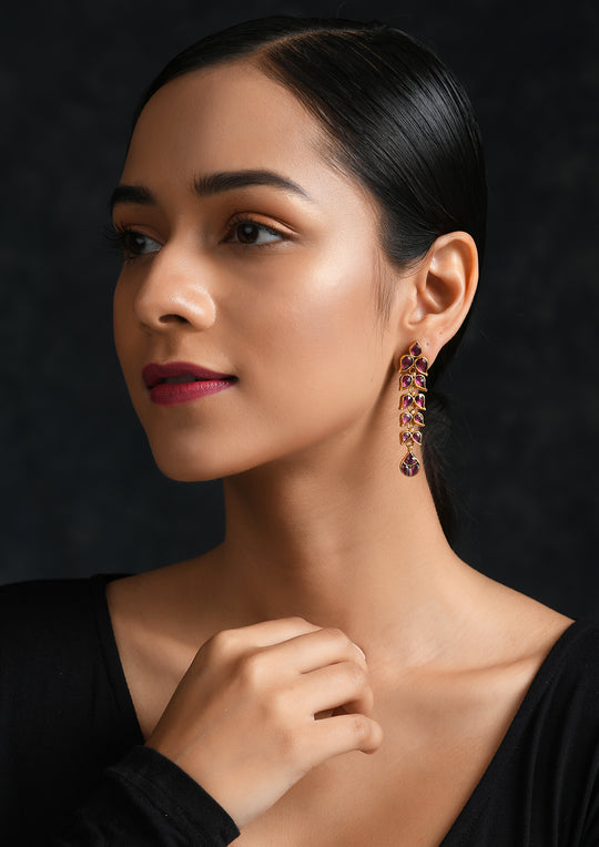 Kundan Earrings With Tourmaline Leaves And Gold Plating