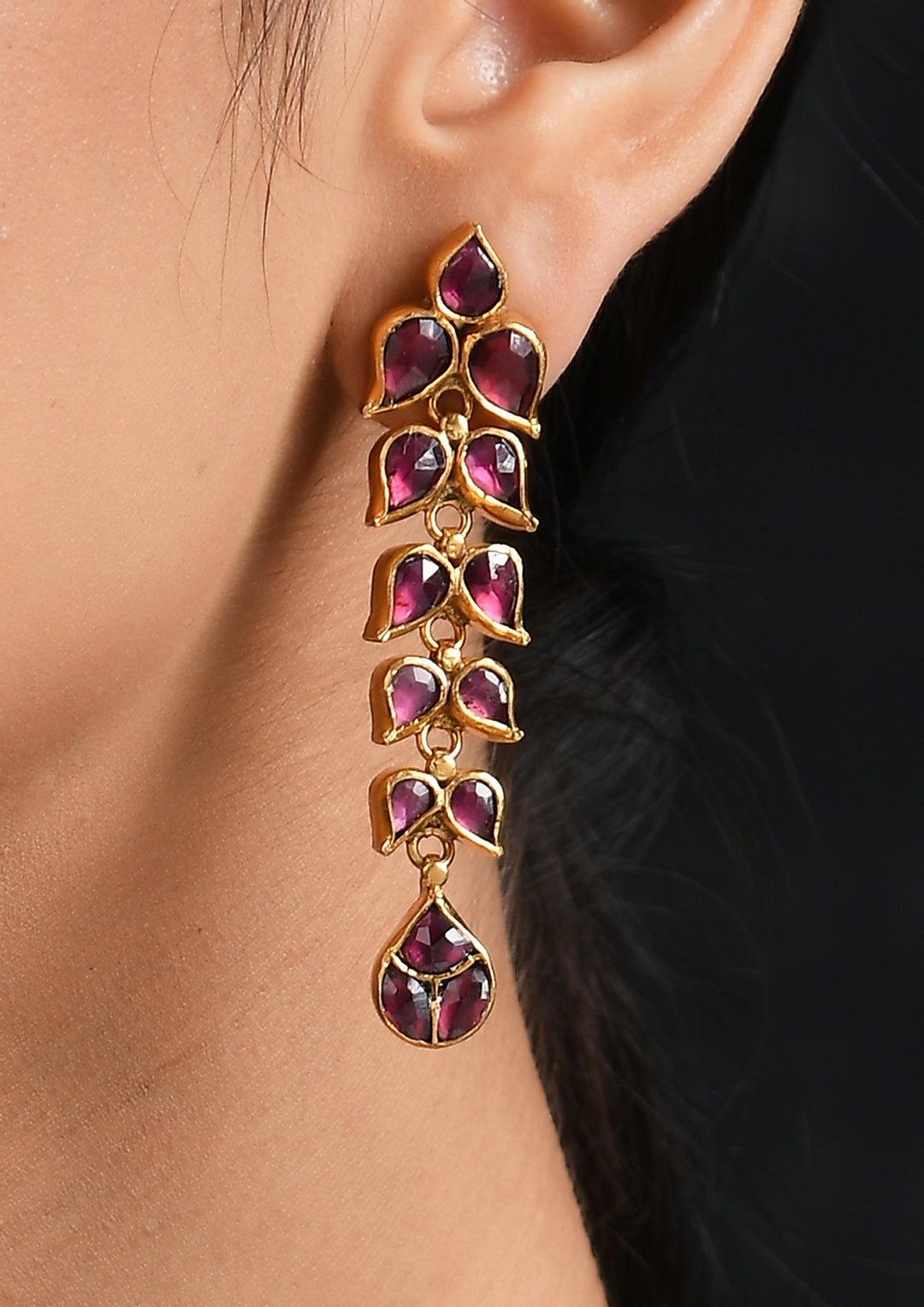 Kundan Earrings With Tourmaline Leaves And Gold Plating