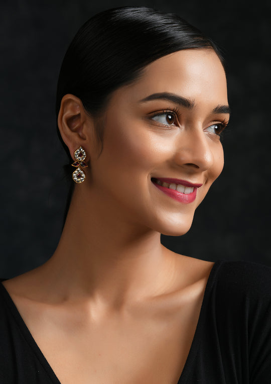White-Pink Cocktail Earrings With Gold Plating