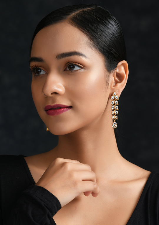 Kundan Earrings With Polki Leaves And Gold Plating