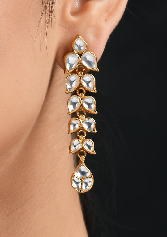 Kundan Earrings With Polki Leaves And Gold Plating
