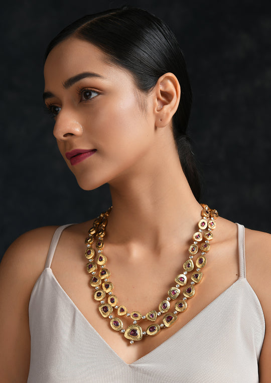 Double Line Chiseled Tourmaline Necklace With Gold Plating
