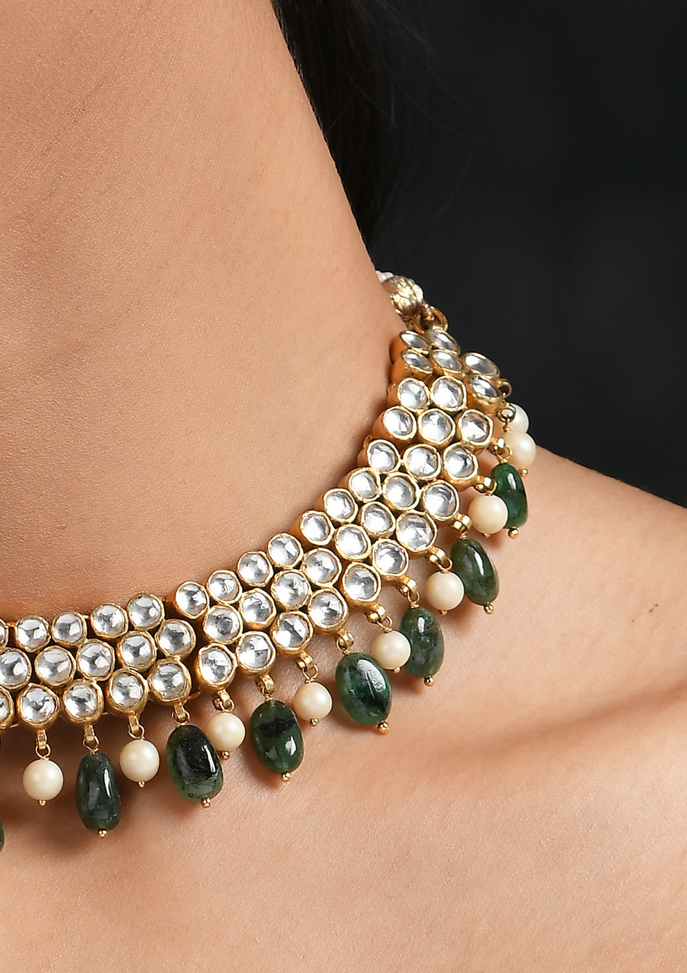 Victorian Style Polki Kundan Necklace With Semi-Emerald Drops