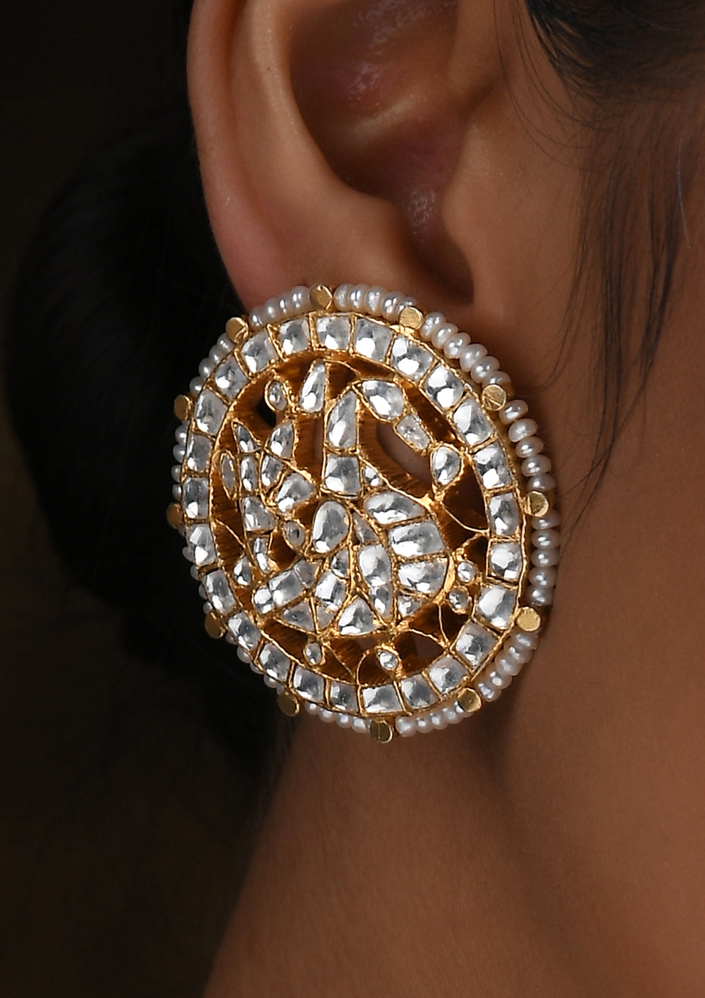 Navmi Big Kundan Rooster Studs With Pearls