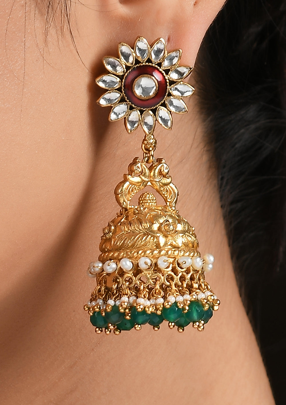 Navmi Gold Plated Chiseled Jhumkis With Polki