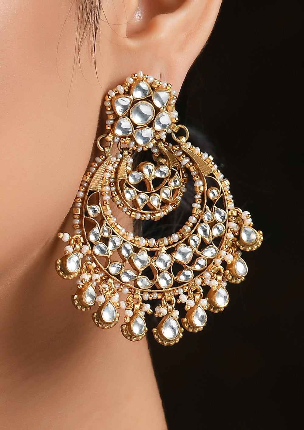 Classic Monochrome Kundan Chaandbalis in Gold Plating