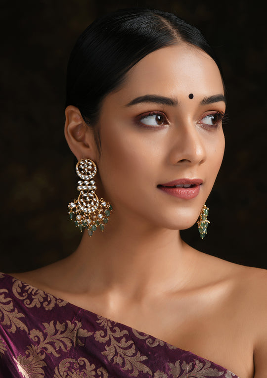 Long Earrings With Emerald Drops In Gold Polish