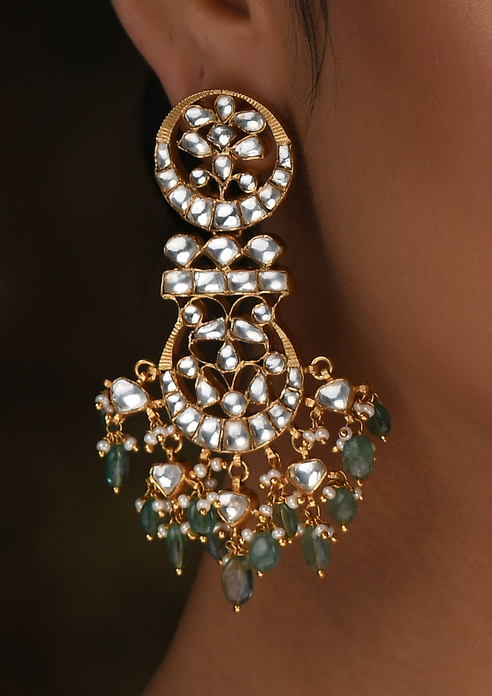 Long Earrings With Emerald Drops In Gold Polish