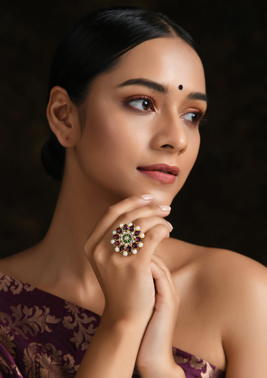 Multicolored Flower Petals Adjustable Ring With Pearls