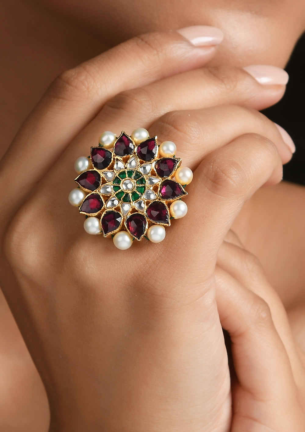 Multicolored Flower Petals Adjustable Ring With Pearls
