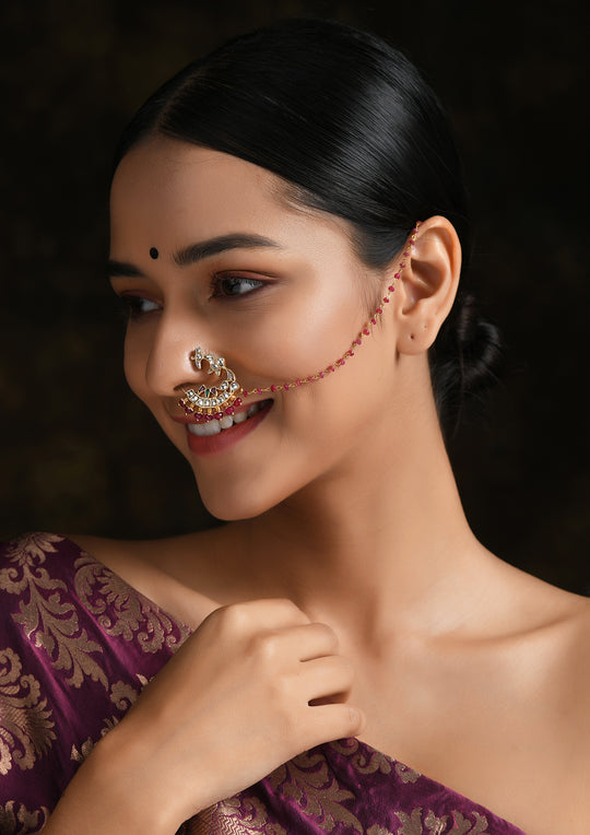 Clip-On Parrot Kundan Nath With Ruby String
