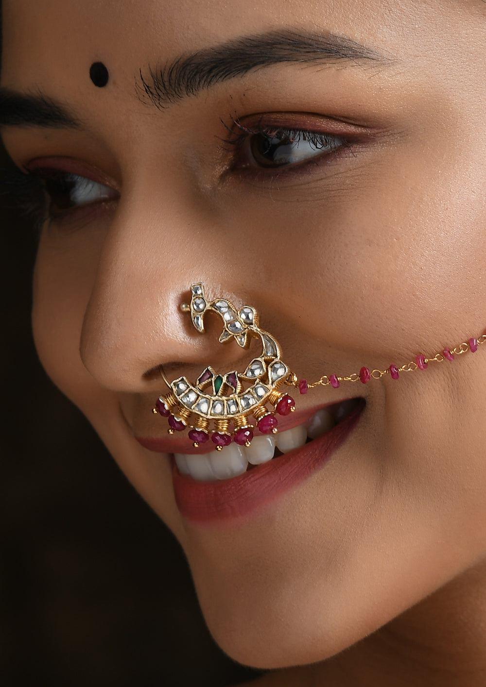 Clip-On Parrot Kundan Nath With Ruby String