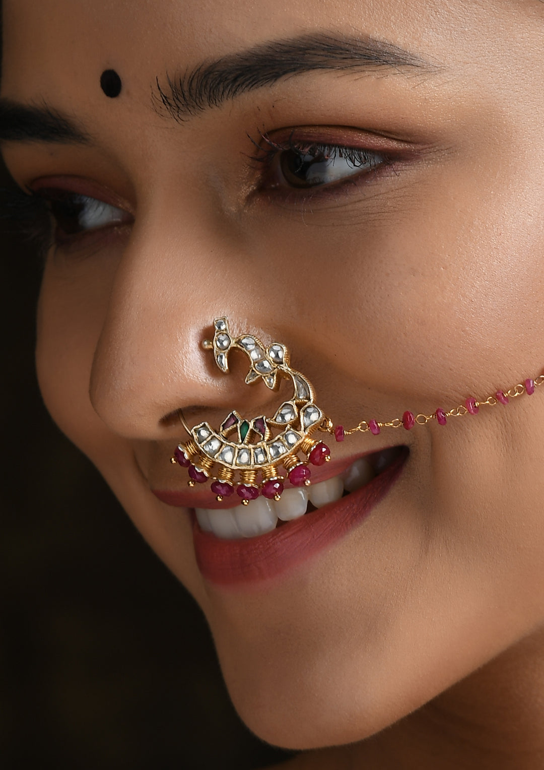 Clip-On Parrot Kundan Nath With Ruby String