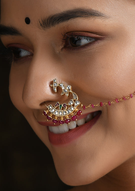 Clip-On Parrot Kundan Nath With Ruby String