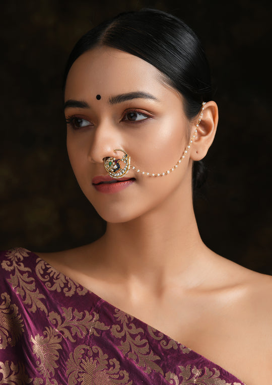 Classic Multicolored Peacock Clip-On Nath With Pearl String