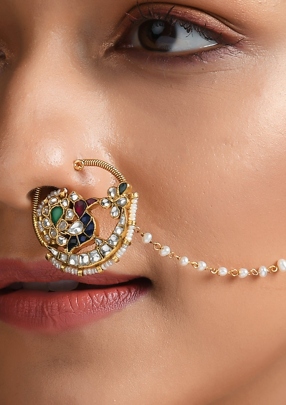 Classic Multicolored Peacock Clip-On Nath With Pearl String