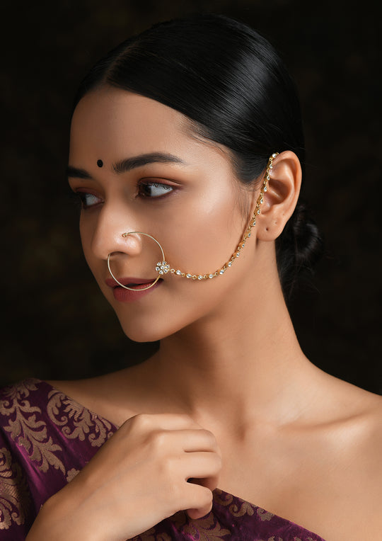 Delicate Kundan Clip-On Flower Nath With Kundan String