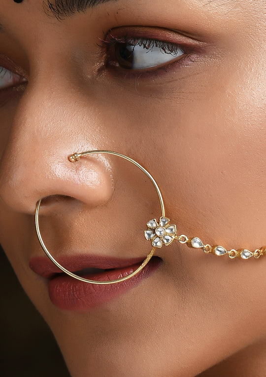 Delicate Kundan Clip-On Flower Nath With Kundan String