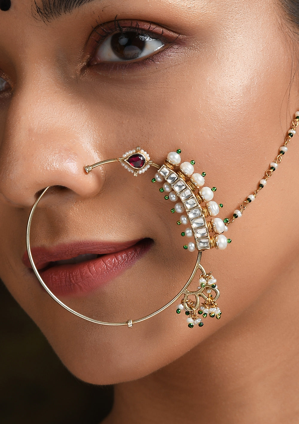 Bridal Kundan Clip-On Nath With Pearls And Polki