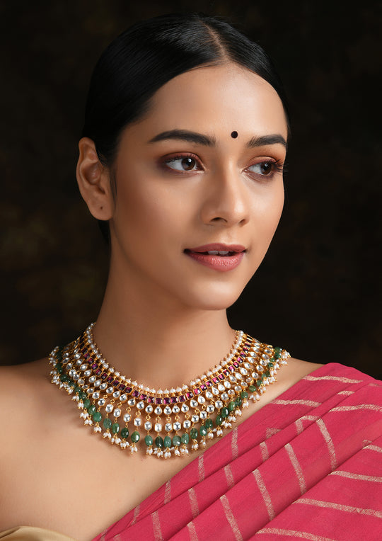 Classic Multicolored Three-Layered Kundan Necklace With Semi-Emeralds