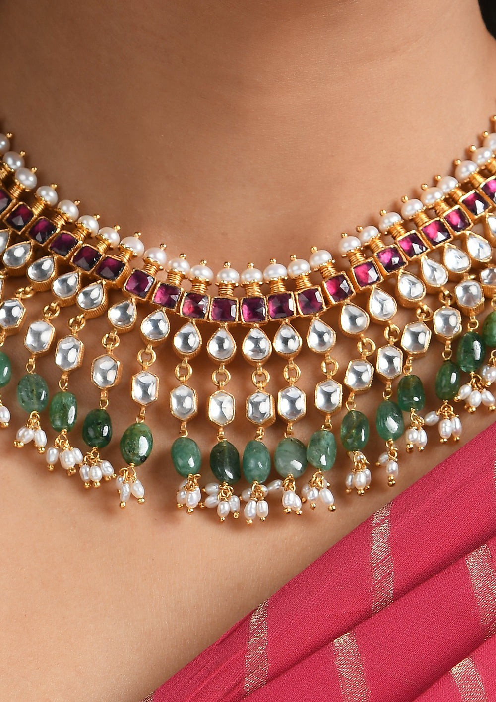 Classic Multicolored Three-Layered Kundan Necklace With Semi-Emeralds
