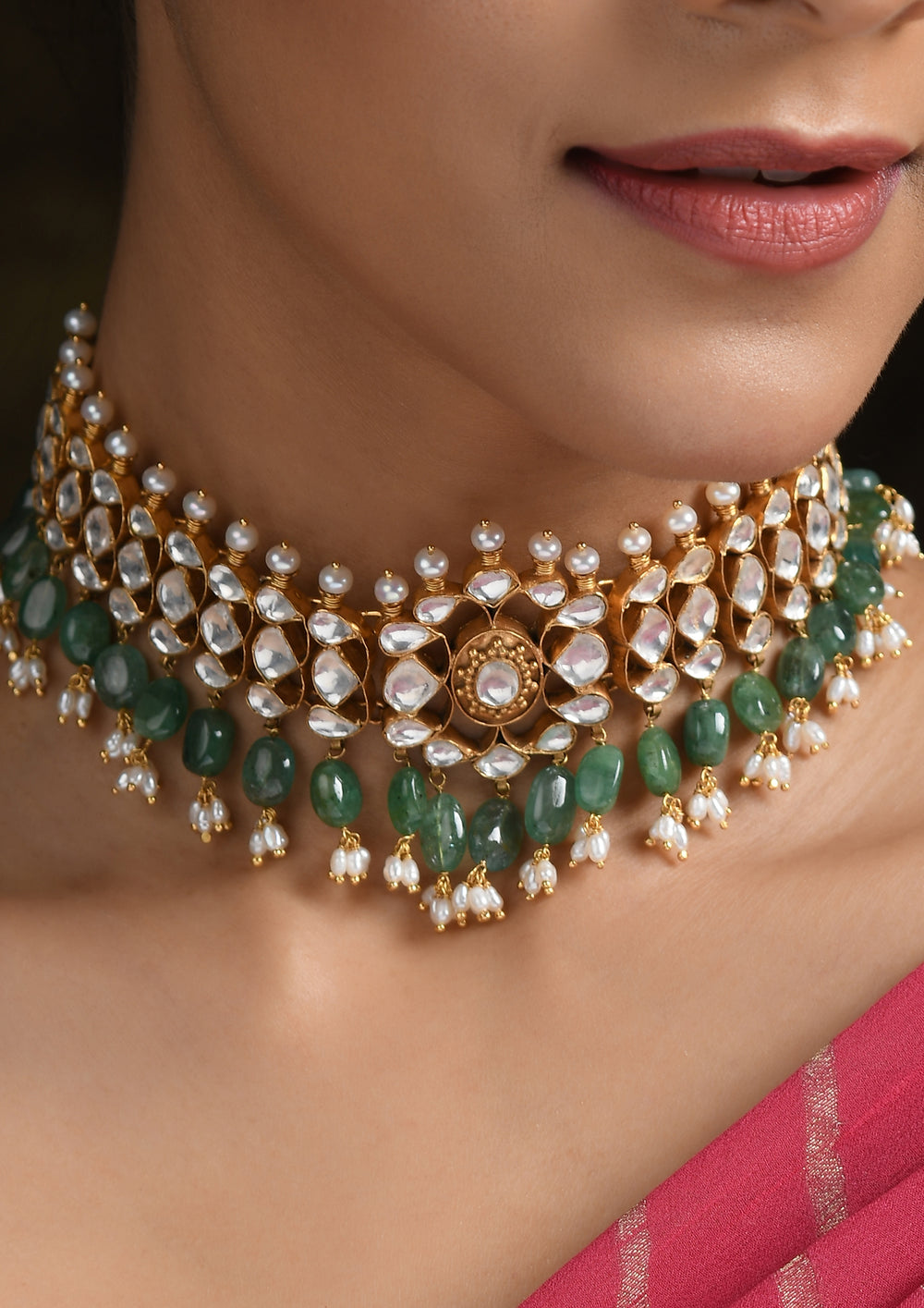 Traditional Gold Plated Kundan Choker With Semi-Emeralds