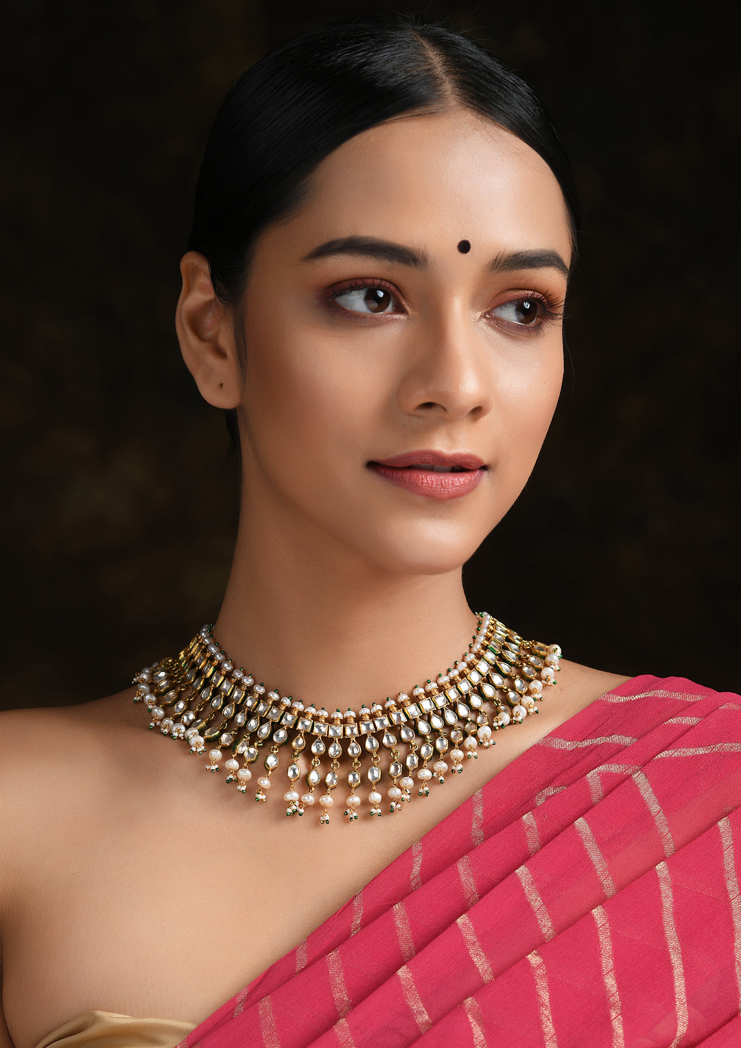 Classic Monochrome Three-Layer Kundan Necklace With Pearls