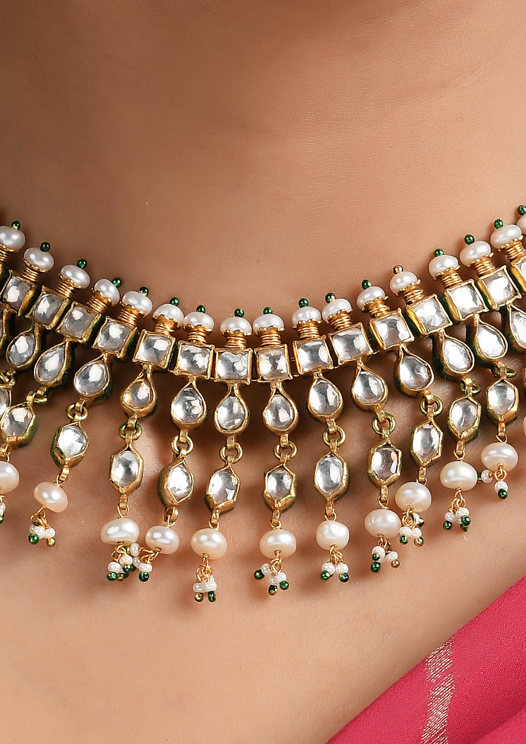 Classic Monochrome Three-Layer Kundan Necklace With Pearls