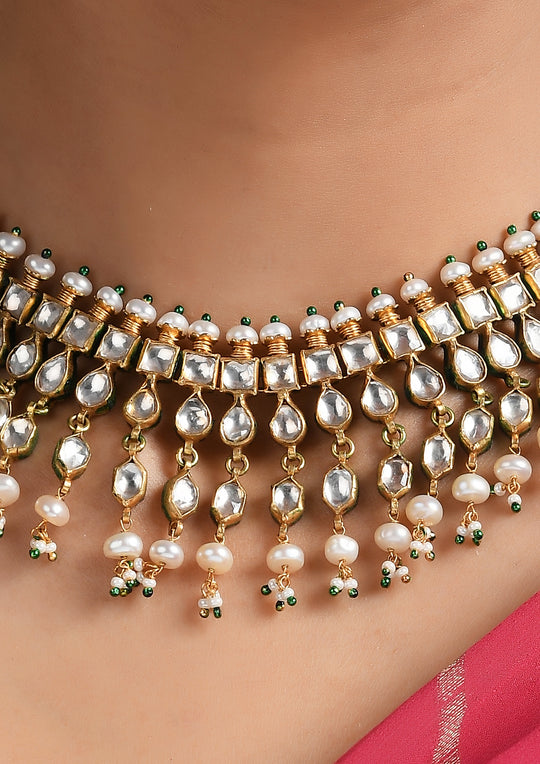 Classic Monochrome Three-Layer Kundan Necklace With Pearls