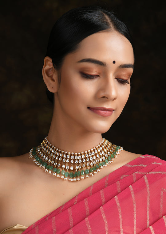 Classic Monochrome Three-Layer Kundan Necklace With Semi-Emeralds