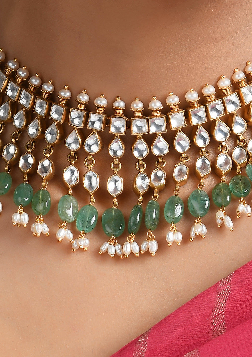 Classic Monochrome Three-Layer Kundan Necklace With Semi-Emeralds