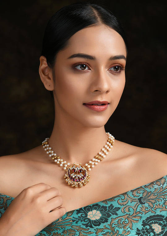 Navmi Semi Choker With Pearls and Half Moon Pink Centerpiece