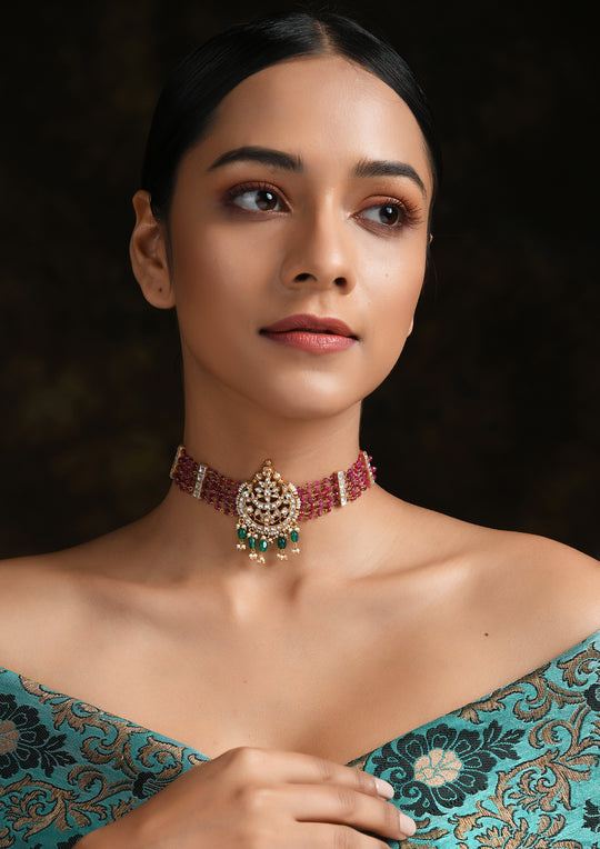 TearDrops Polki Choker With Ruby Strings