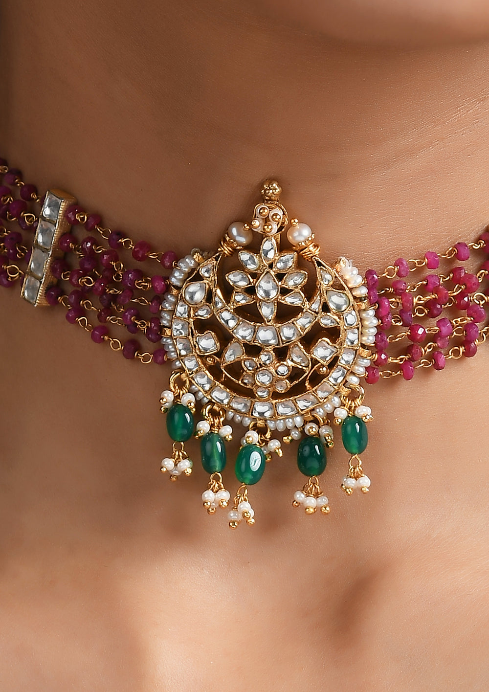 TearDrops Polki Choker With Ruby Strings