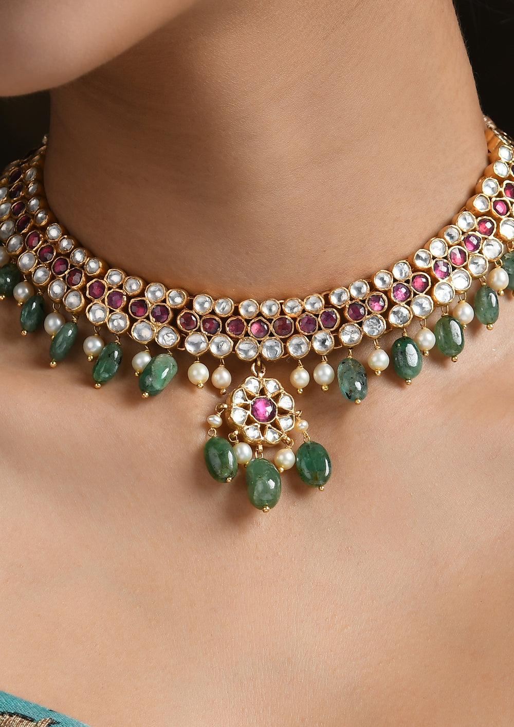 Victorian Style Multicolored Necklace With Semi-Emeralds