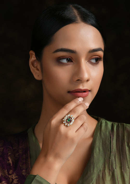 Adjustable Multicolored Cut-Work Kundan Ring