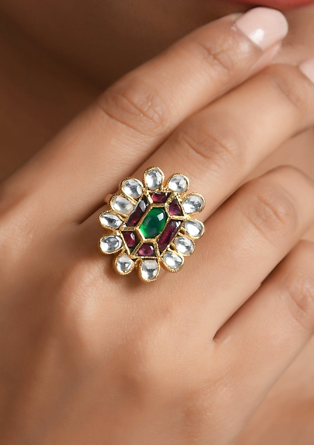 Adjustable Multicolored Cut-Work Kundan Ring