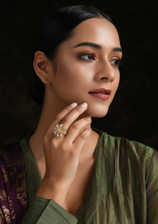 Floral Adjustable Ring With Pachikari, Polki And Pearls