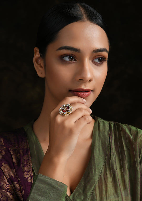 Adjustable Ring With Red Meenakari and Pearls