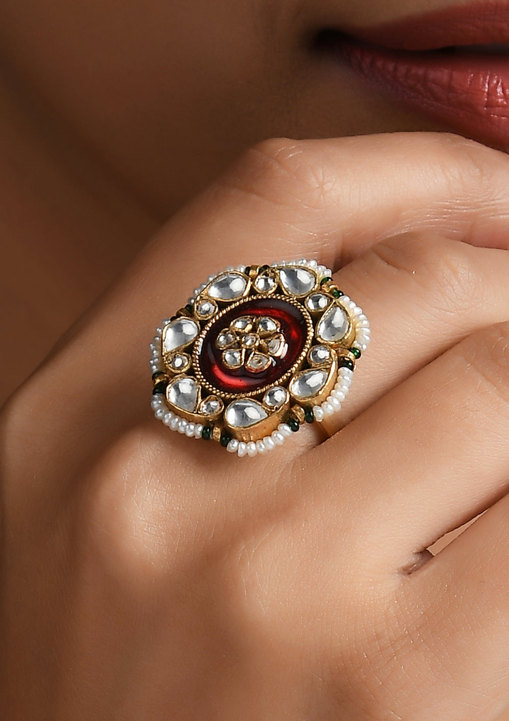 Adjustable Ring With Red Meenakari and Pearls