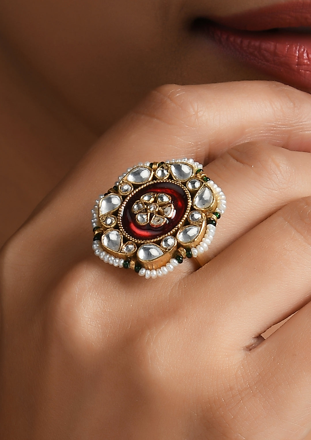 Adjustable Ring With Red Meenakari and Pearls