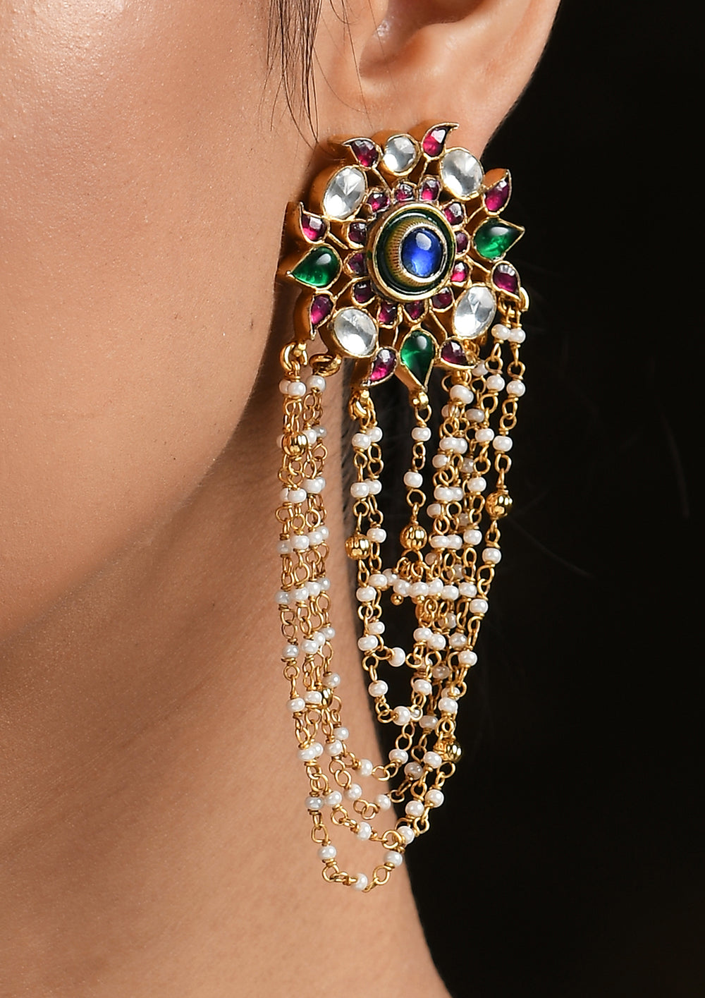 Multicolored Floral Studs With Pearl Valance