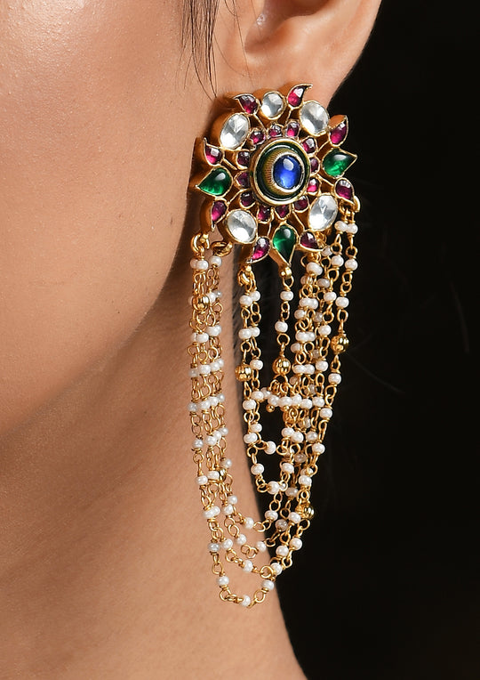 Multicolored Floral Studs With Pearl Valance