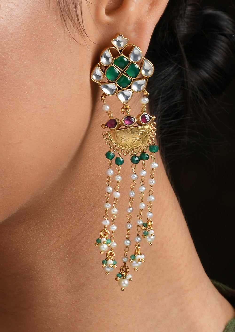 Long Multicolored Dangler Earrings With Gold Plated Discs