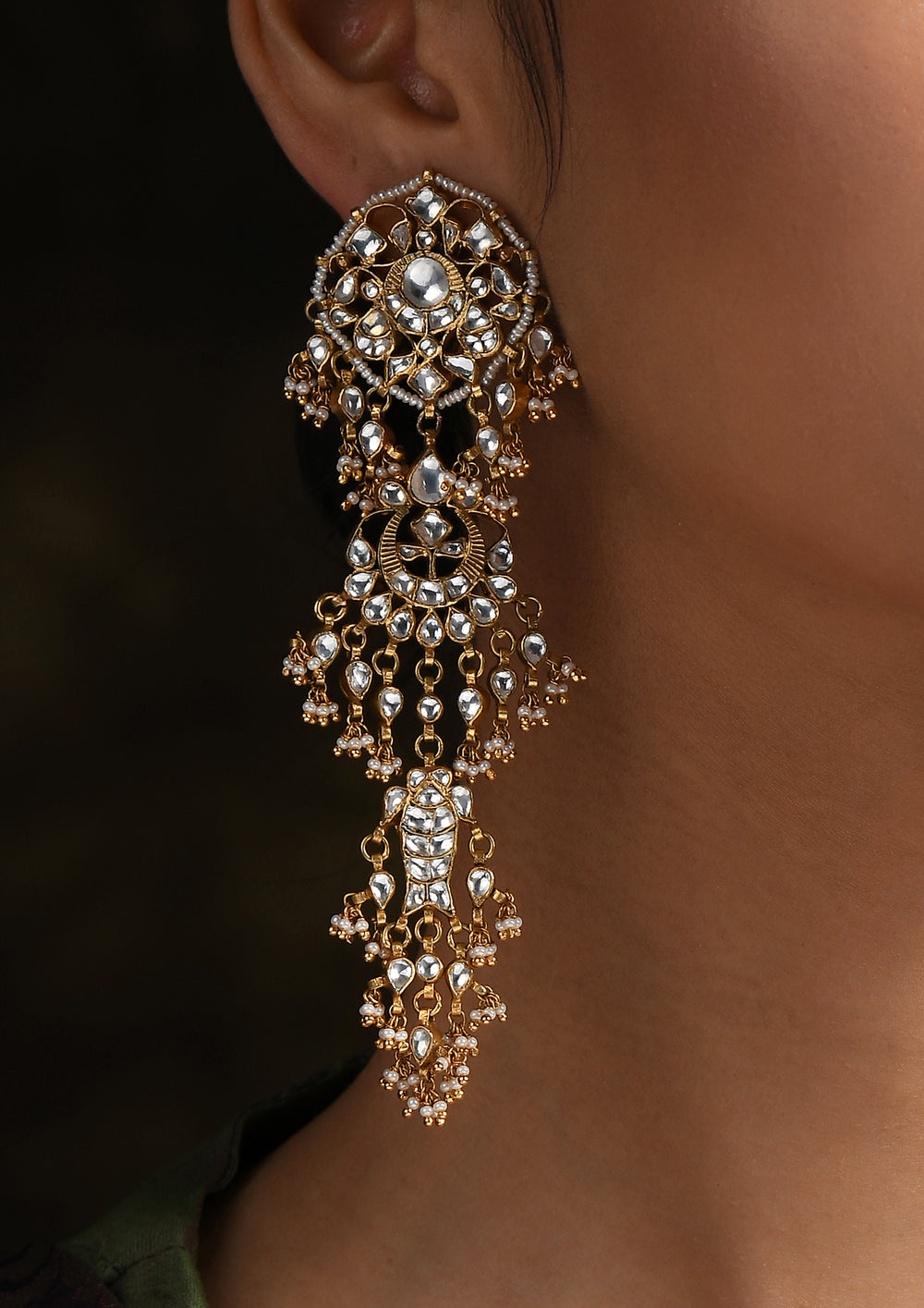 Long Monochrome Macha Earrings With Pearls