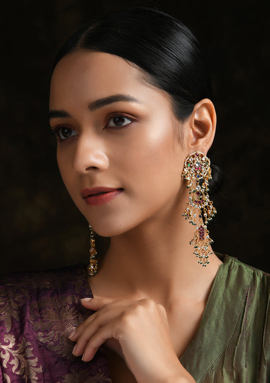 Long Multicolored Macha Earrings With Pearls